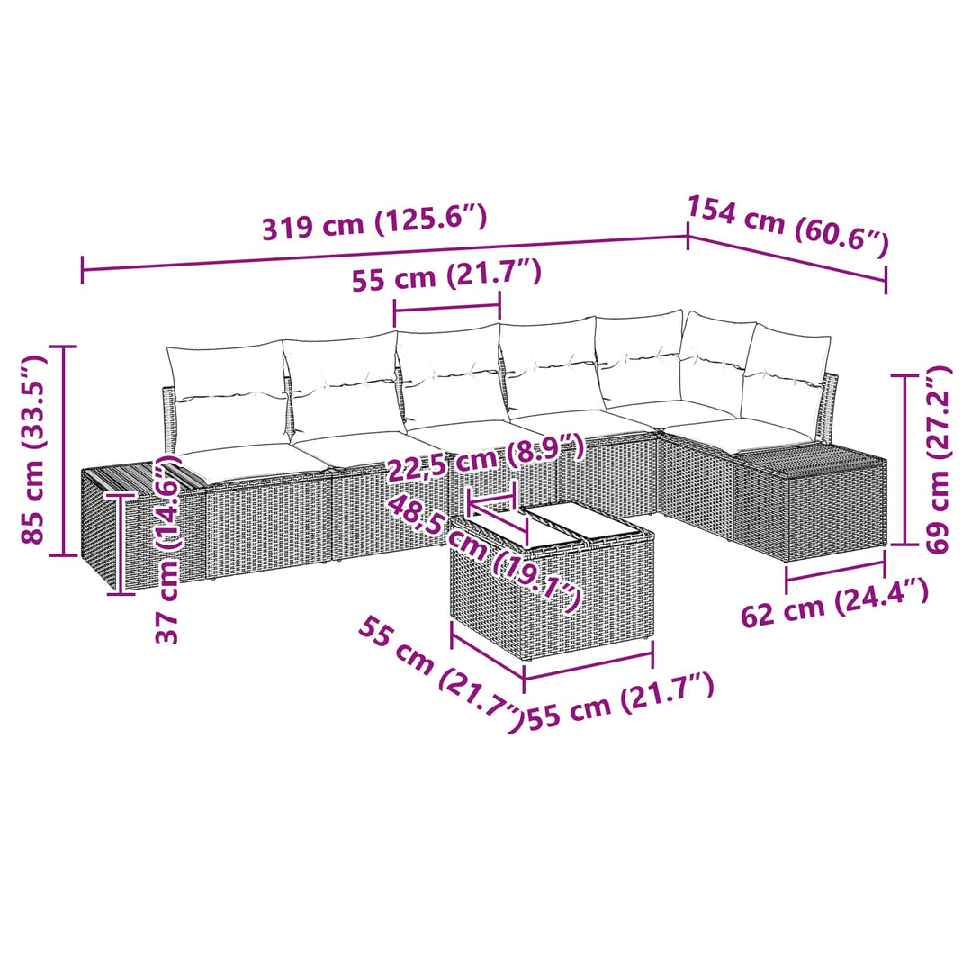 Havesofa Sæt med pude 7 pcs Brun polyrattan