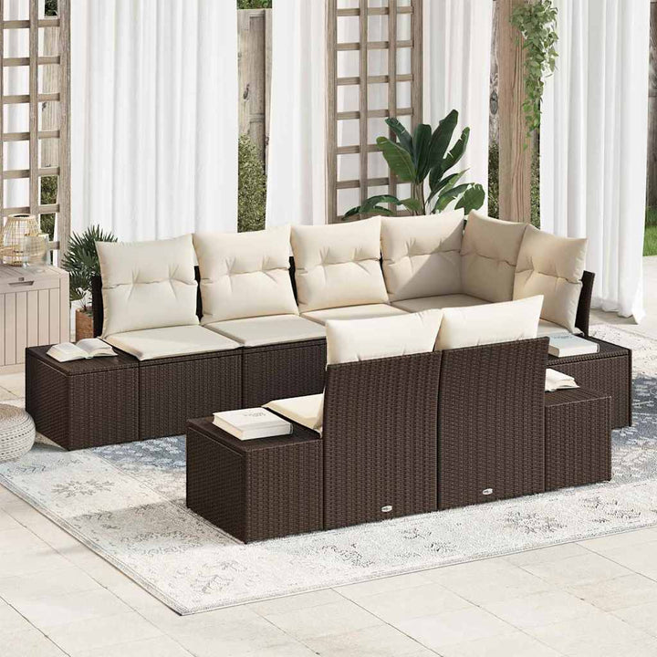 Havesofa Sæt med pude 7 pcs Brun og cremefarvet Poly rattan