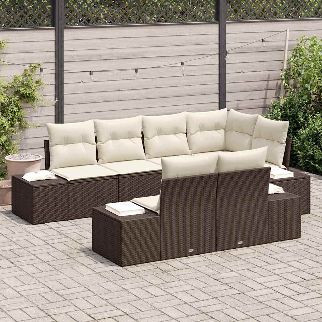 Havesofa Sæt med pude 7 pcs Brun og cremefarvet Poly rattan