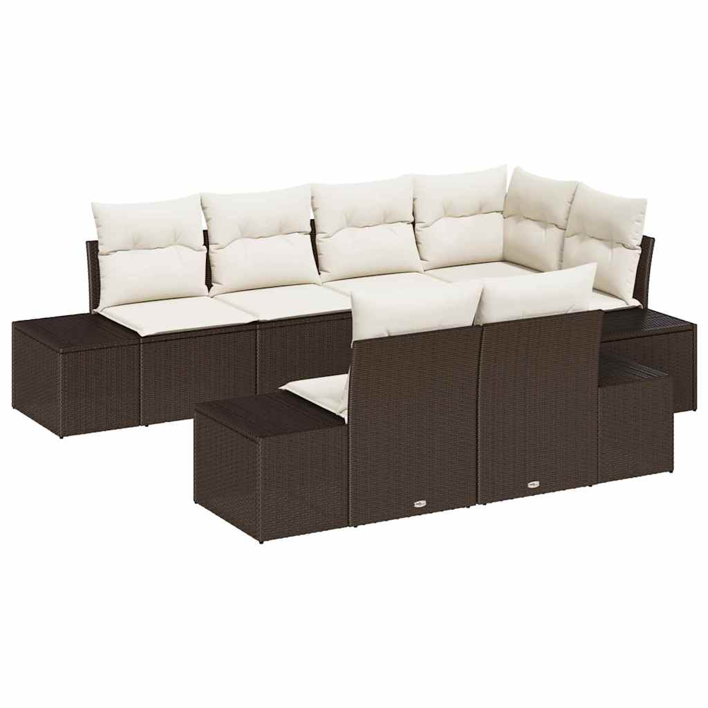 Havesofa Sæt med pude 7 pcs Brun og cremefarvet Poly rattan