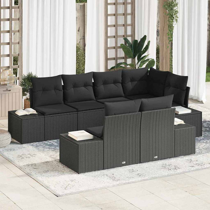 Havesofa Sæt med pude 7 pcs Sort polyrattan