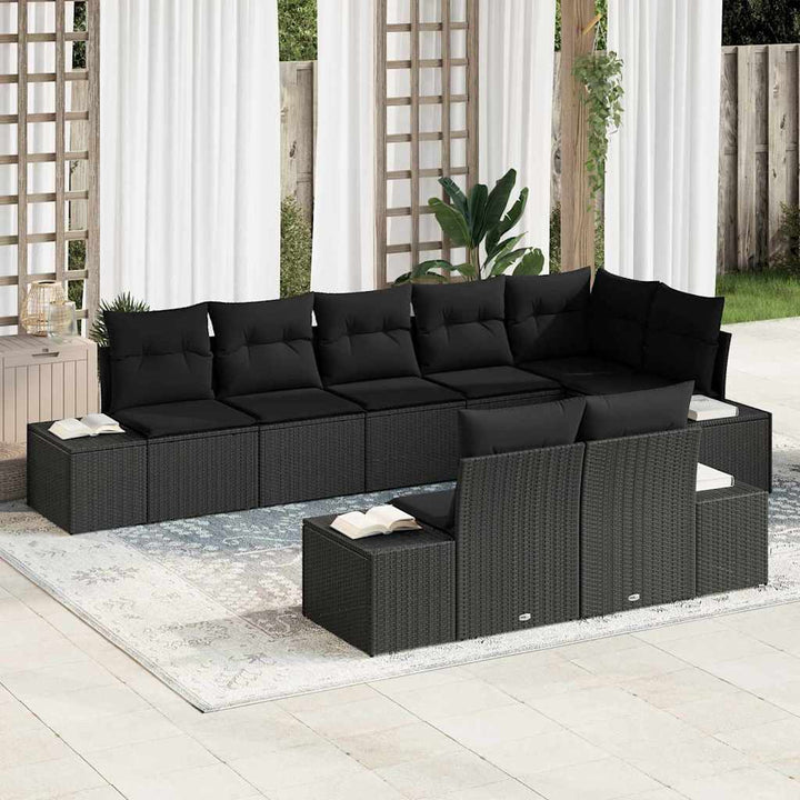 Havesofa Sæt med pude 8 pcs Sort polyrattan