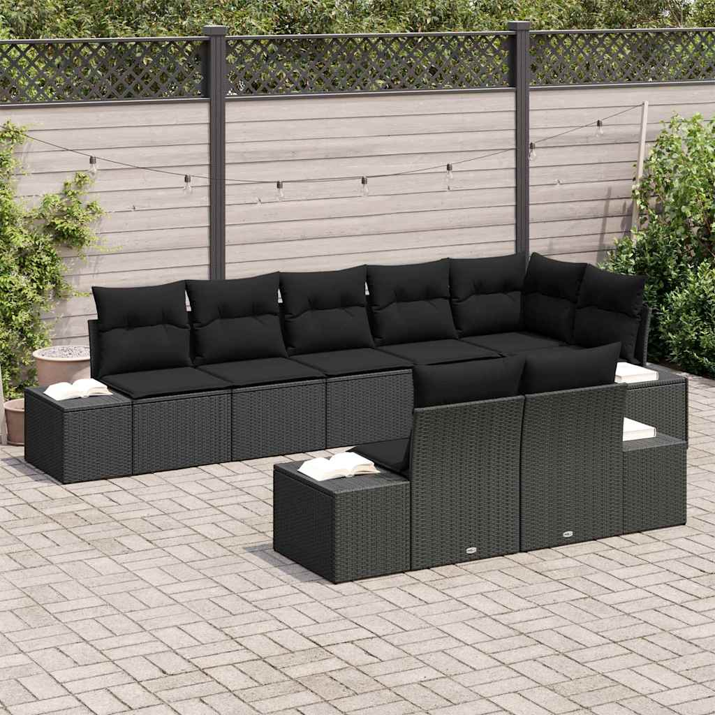 Havesofa Sæt med pude 8 pcs Sort polyrattan