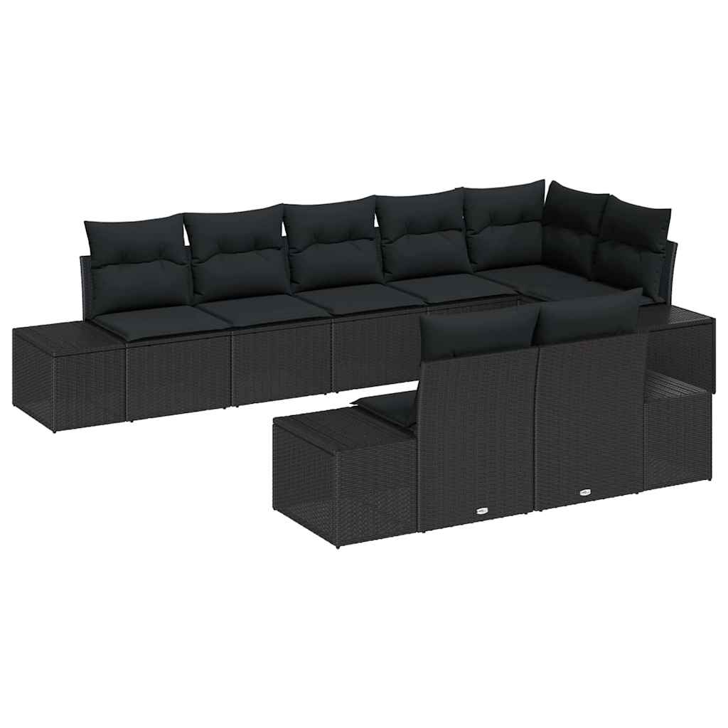 Havesofa Sæt med pude 8 pcs Sort polyrattan