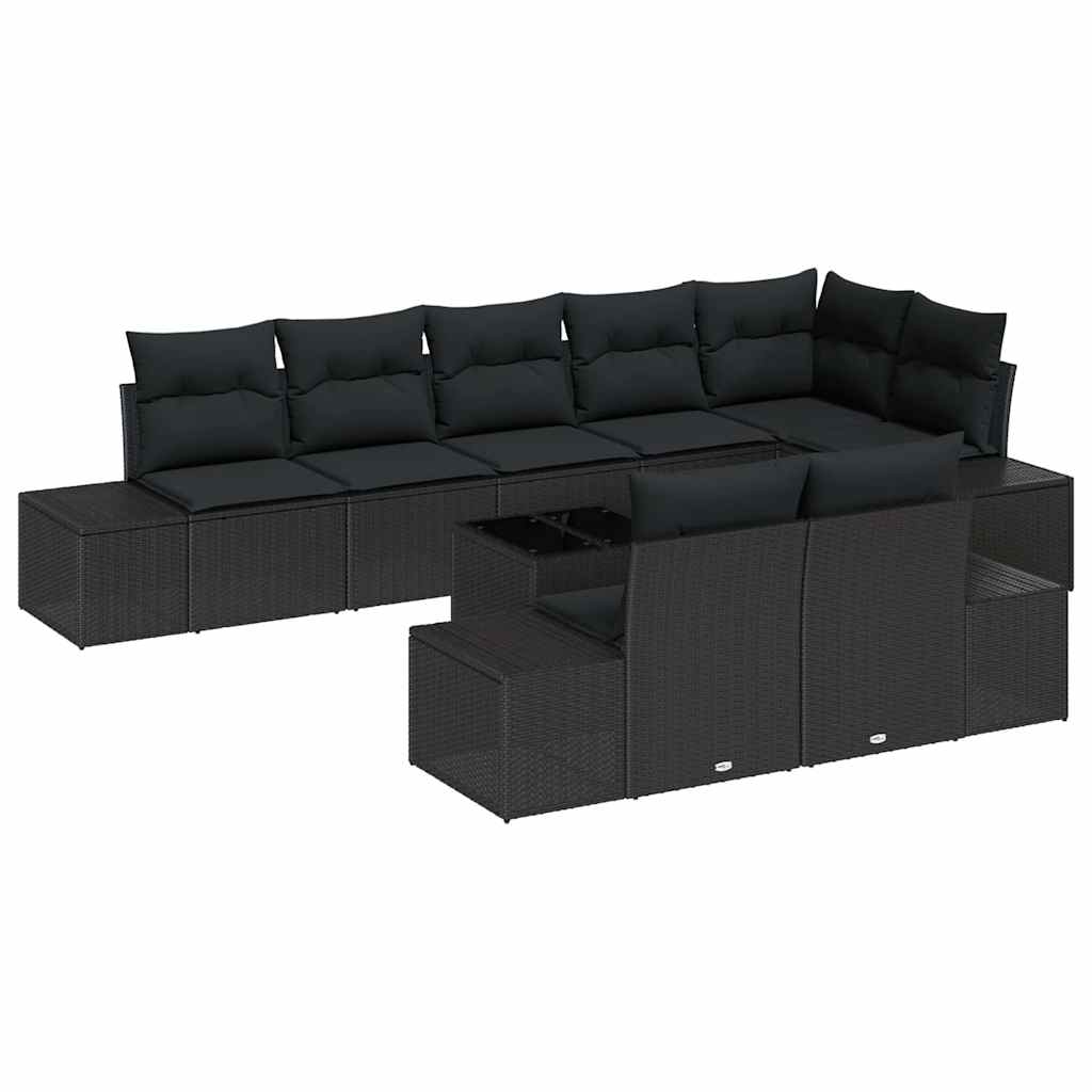 Havesofa Sæt med pude 9 pcs Sort polyrattan