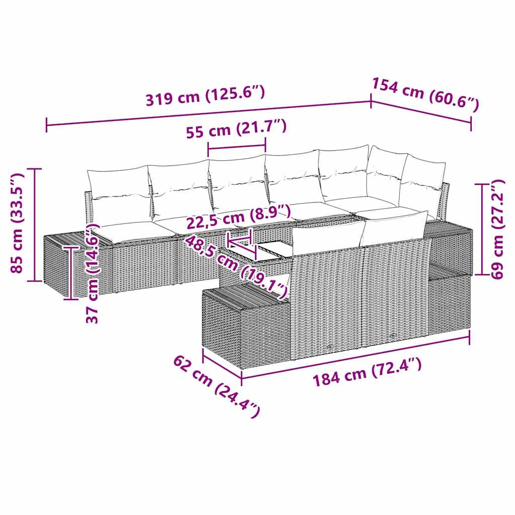 Havesofa Sæt med pude 9 pcs Sort polyrattan