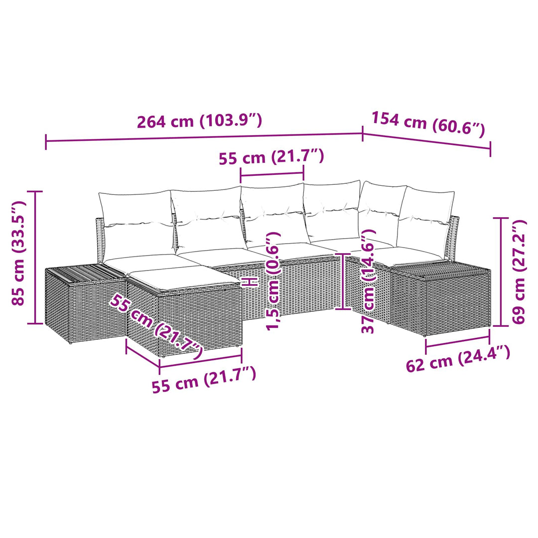 Havesofa Sæt med pude 6 pcs Brun polyrattan