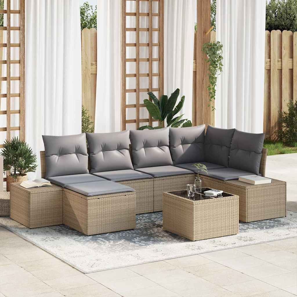 Havesofa Sæt med pude 7 pcs Beige og grå polyrattan