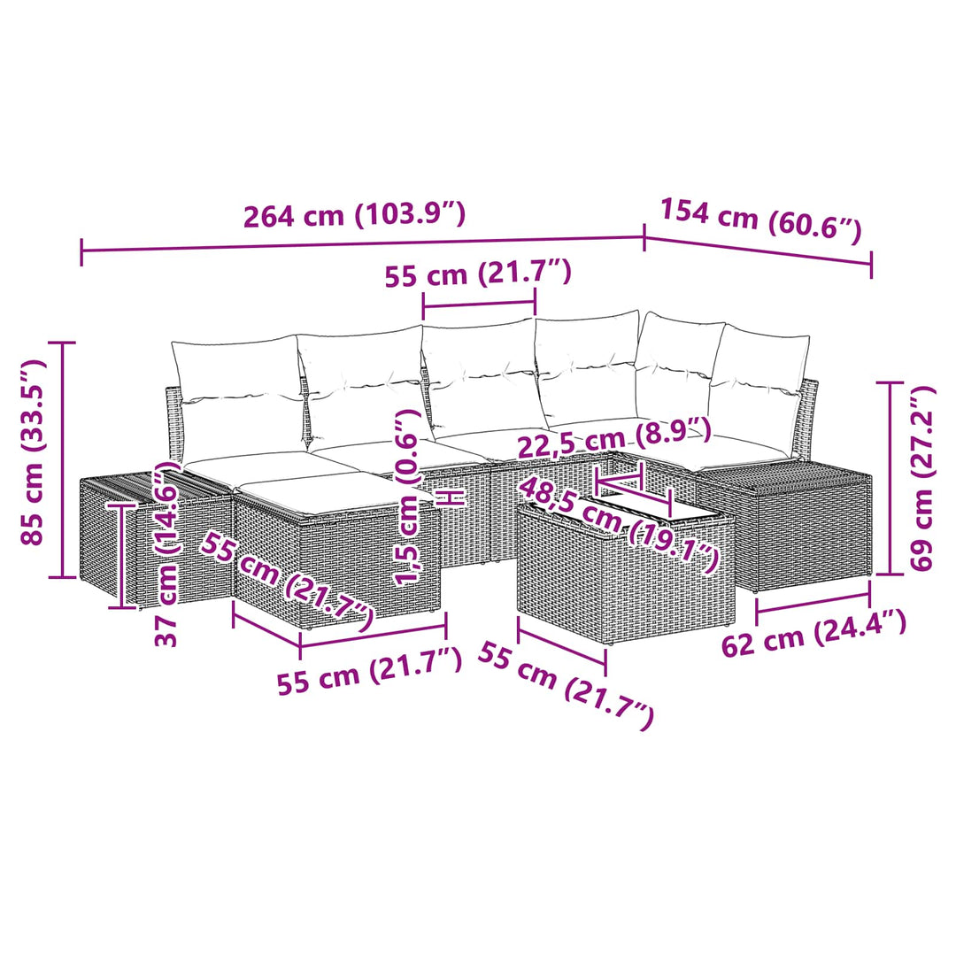 Havesofa Sæt med pude 7 pcs Brun polyrattan