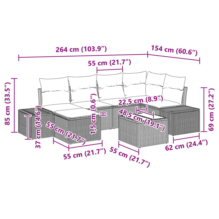 Havesofa Sæt med pude 7 pcs Brun polyrattan