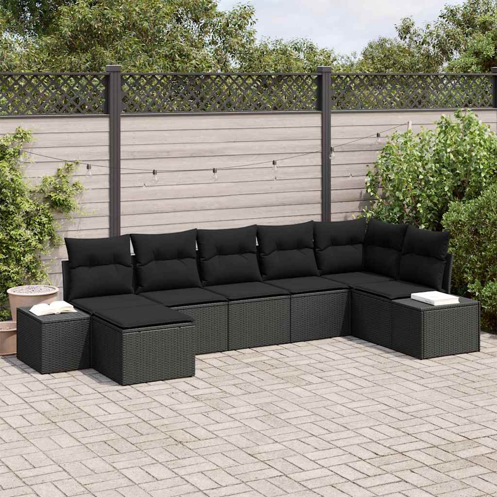 Havesofa Sæt med pude 7 pcs Sort polyrattan