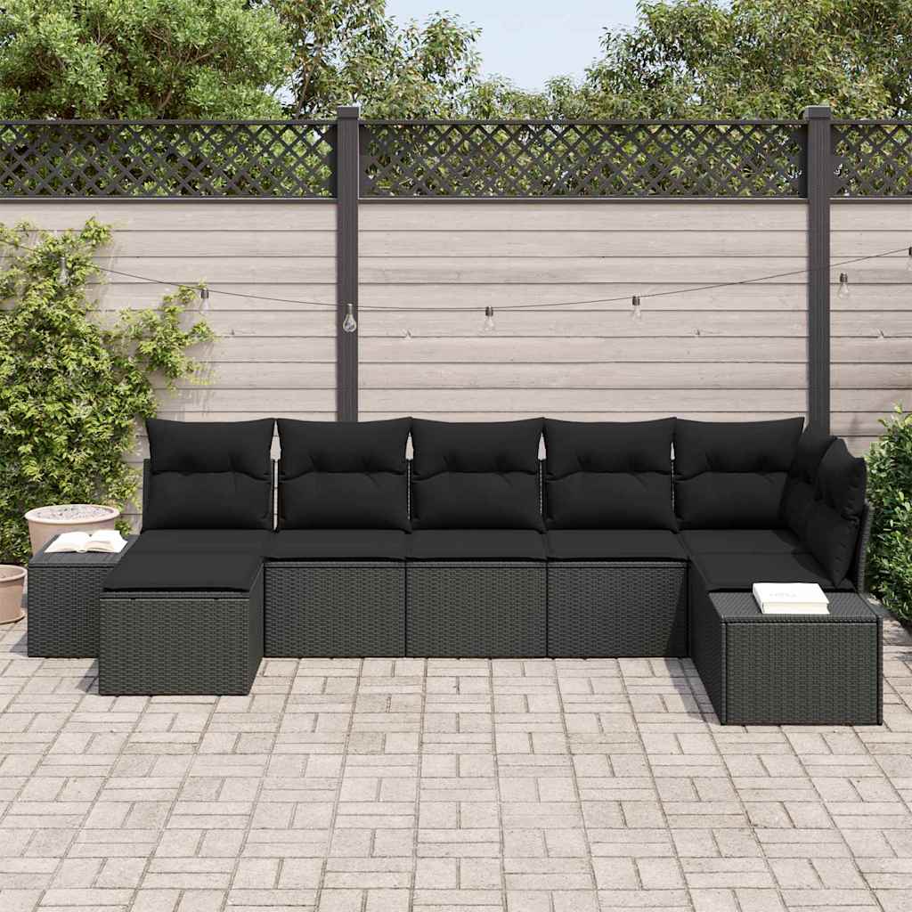 Havesofa Sæt med pude 7 pcs Sort polyrattan
