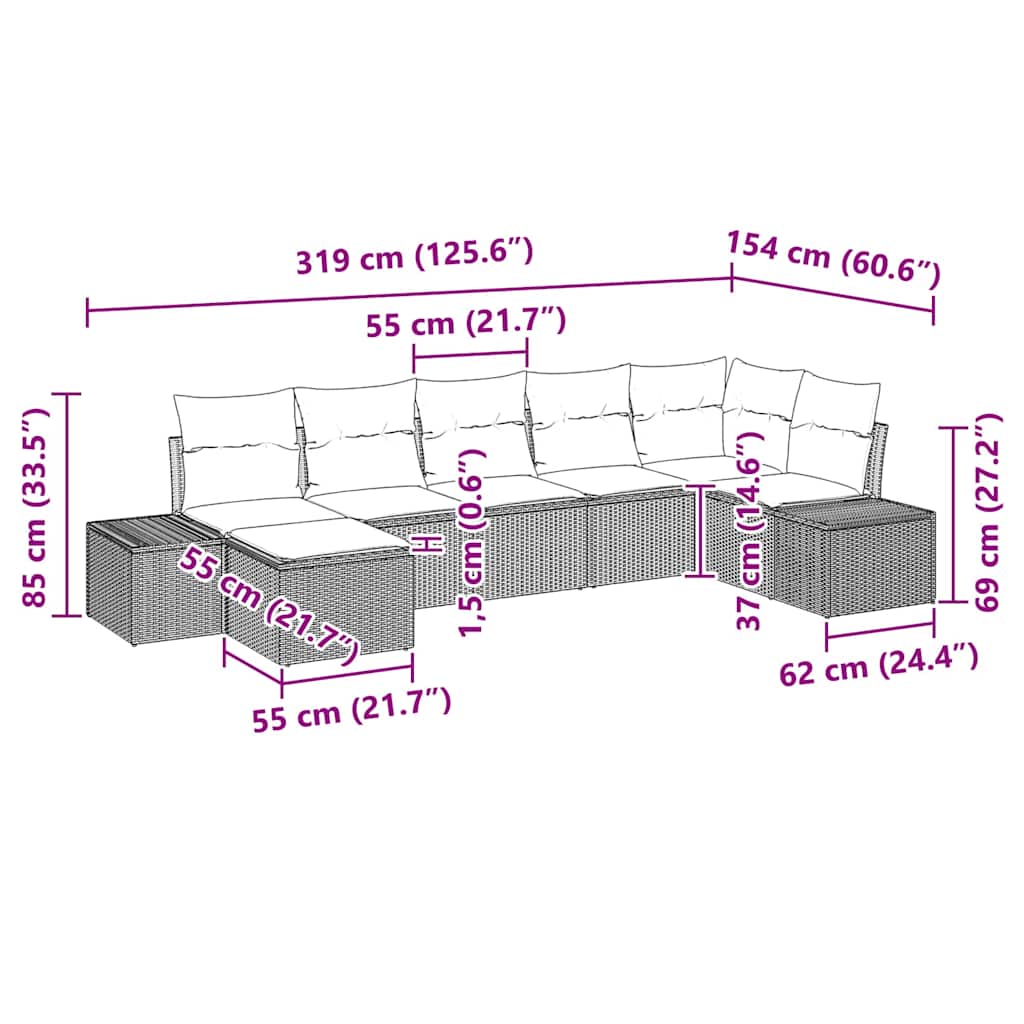 Havesofa Sæt med pude 7 pcs Sort polyrattan