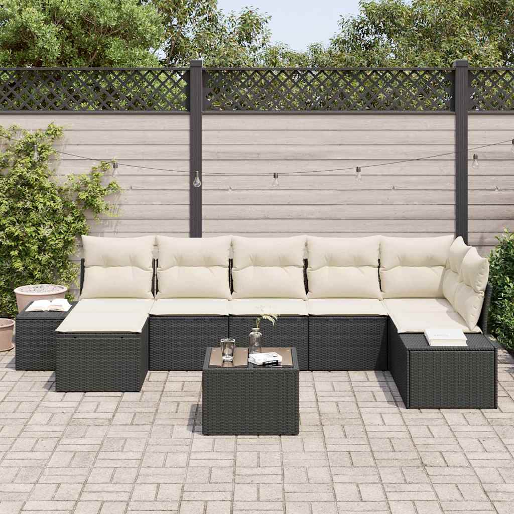 Havesofa Sæt med pude 8 pcs Sort polyrattan