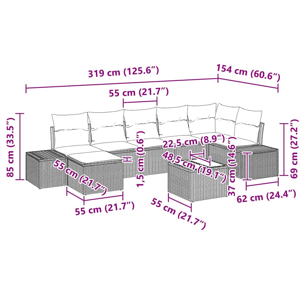Havesofa Sæt med pude 8 pcs Beige polyrattan