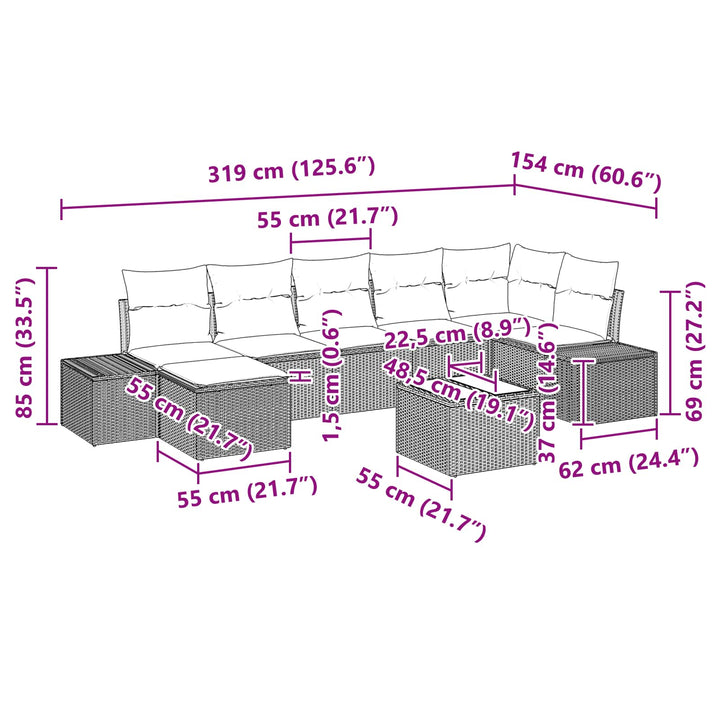 Havesofa Sæt med pude 8 pcs Brun polyrattan