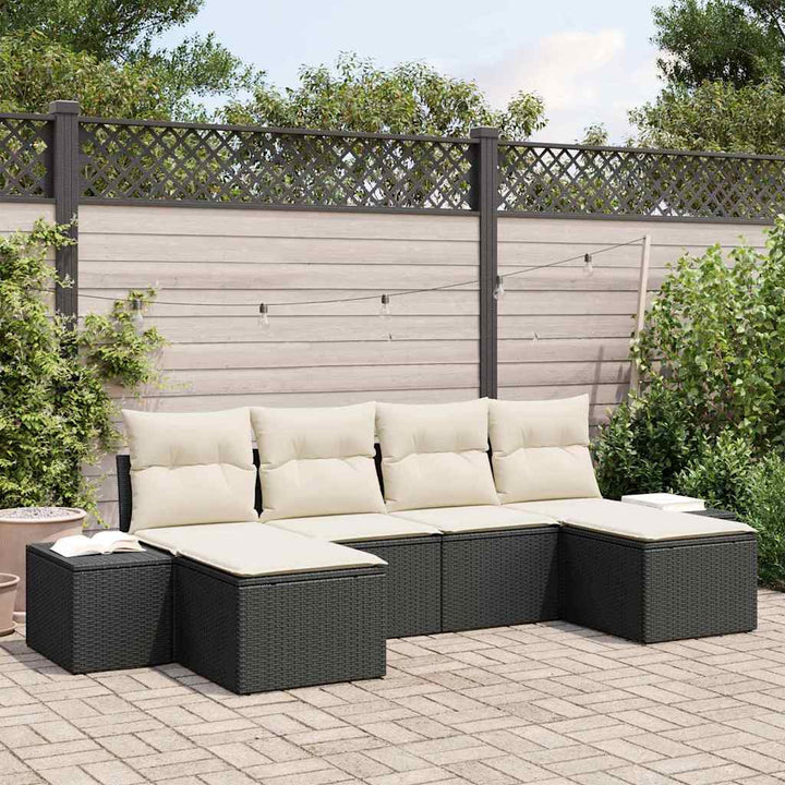 Havesofa Sæt med pude 6 pcs Sort polyrattan