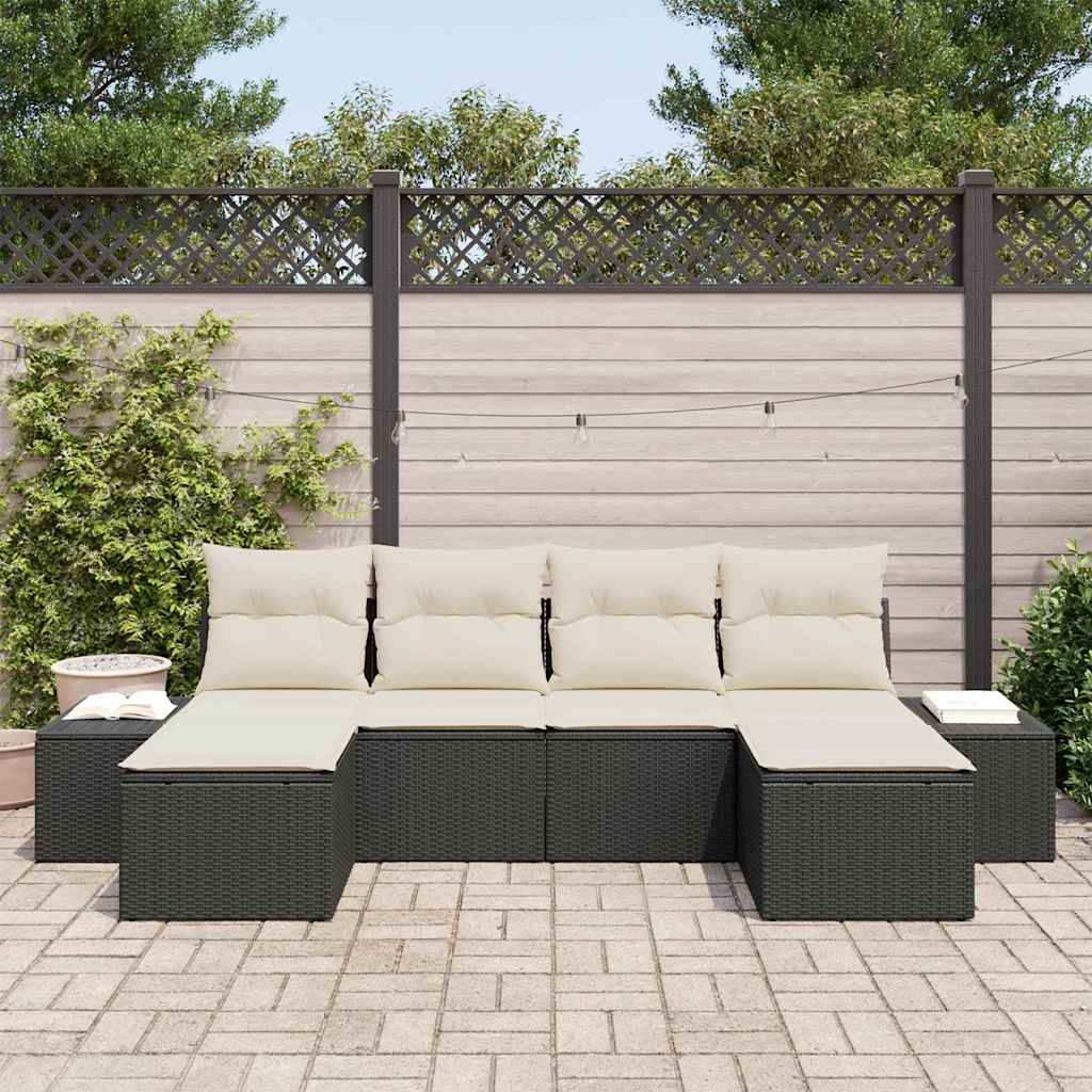 Havesofa Sæt med pude 6 pcs Sort polyrattan