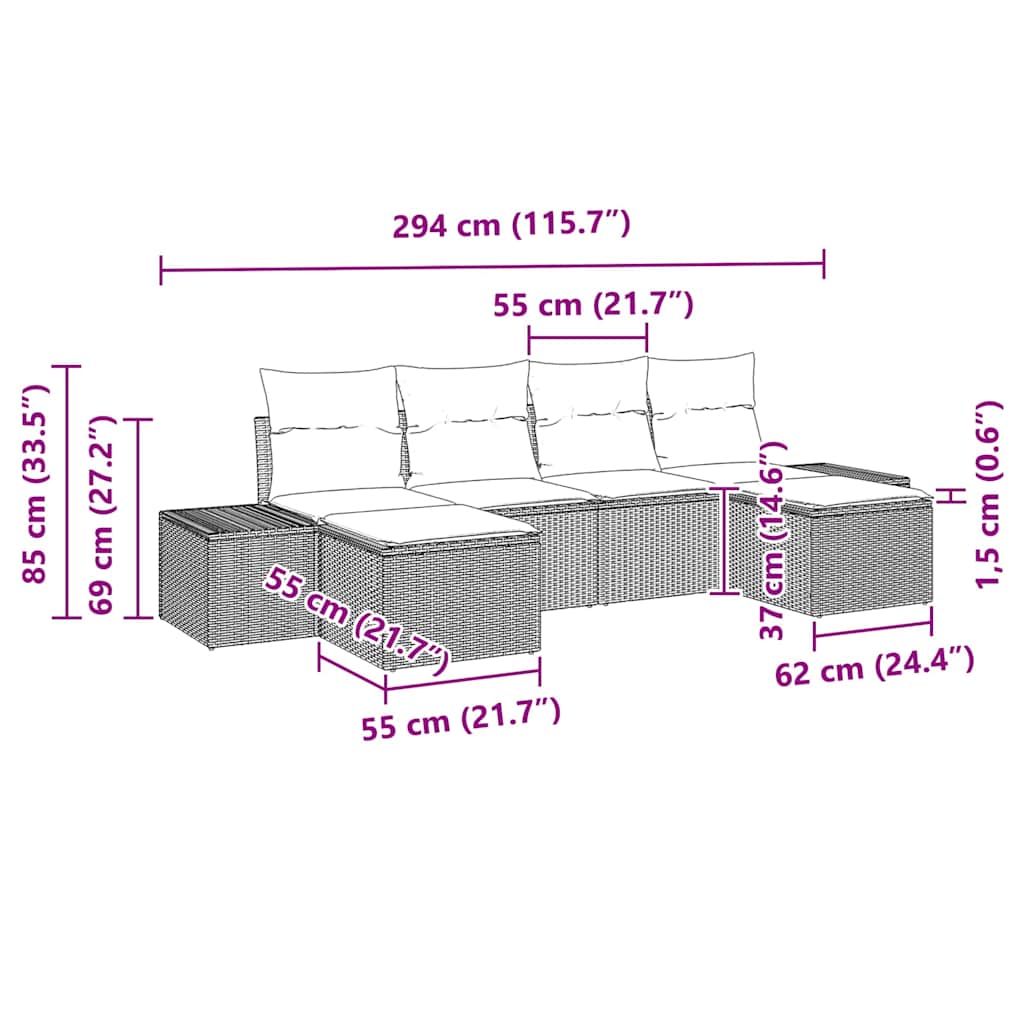 Havesofa Sæt med pude 6 pcs Sort polyrattan