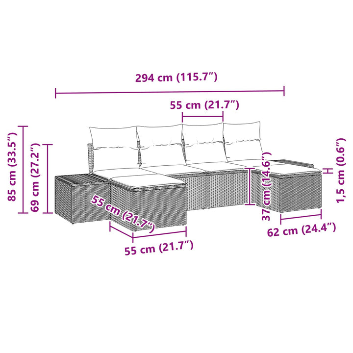 Havesofa Sæt med pude 6 pcs Brun polyrattan