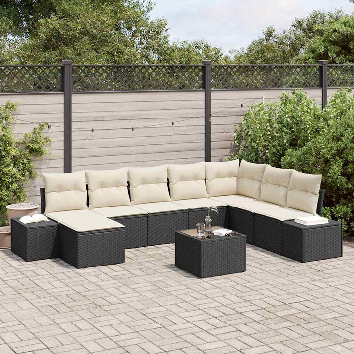 Havesofa Sæt med pude 9 pcs Sort polyrattan