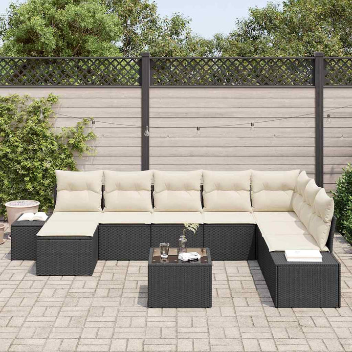 Havesofa Sæt med pude 9 pcs Sort polyrattan