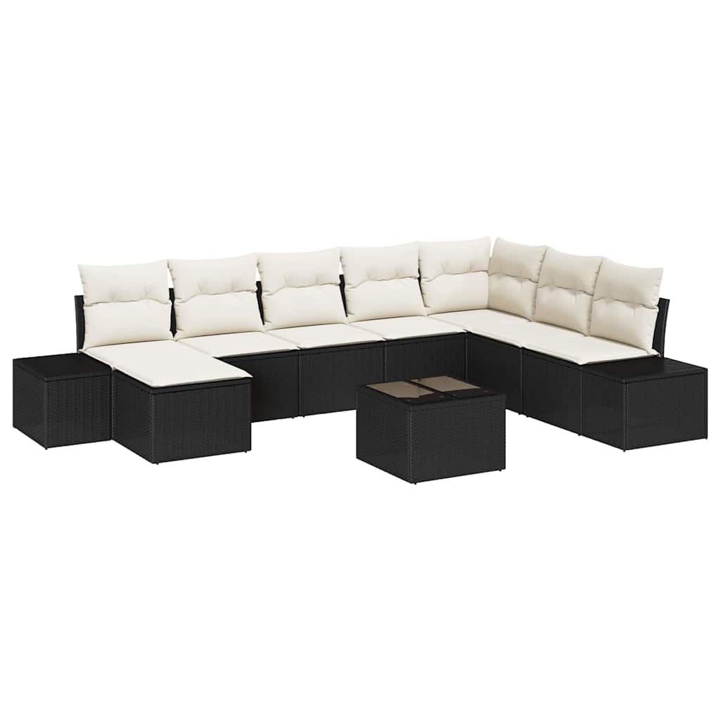Havesofa Sæt med pude 9 pcs Sort polyrattan