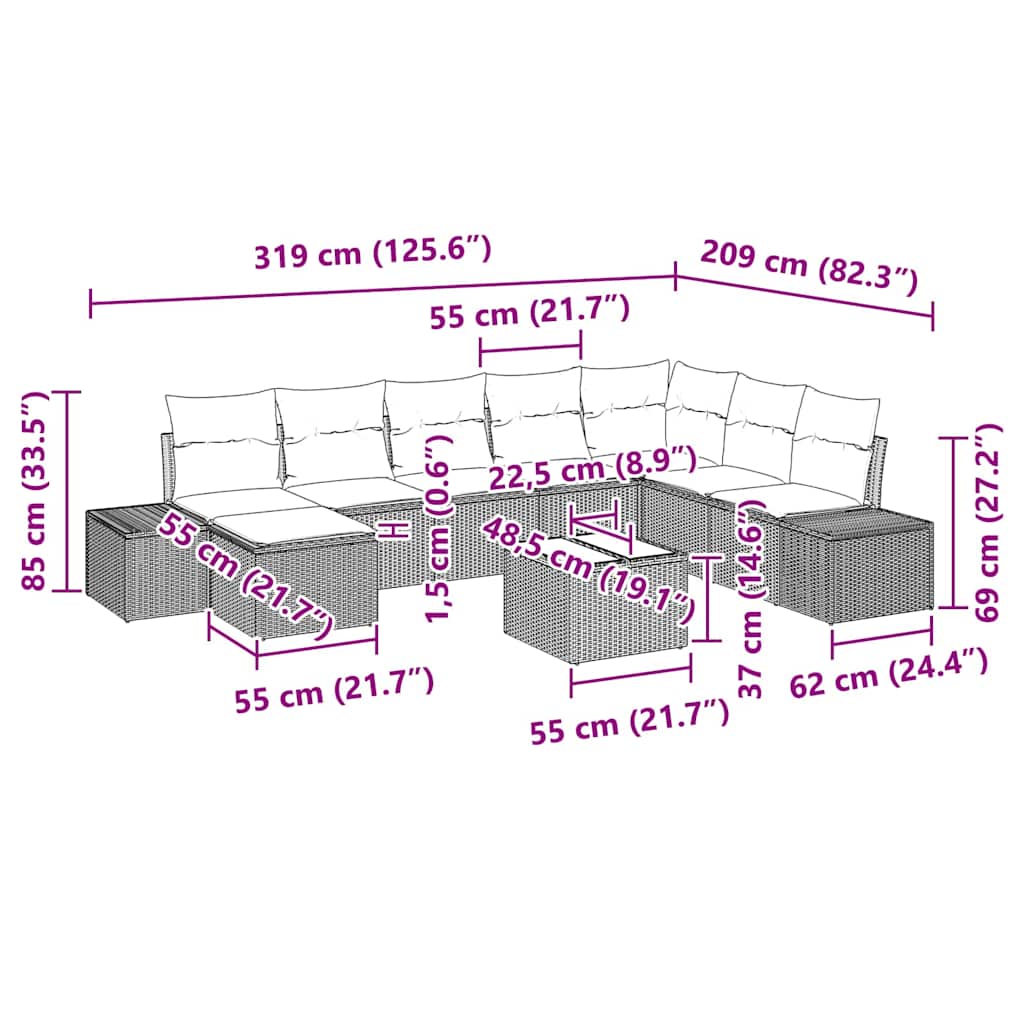 Havesofa Sæt med pude 9 pcs Sort polyrattan