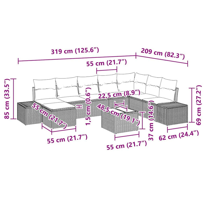 Havesofa Sæt med pude 9 pcs Sort polyrattan