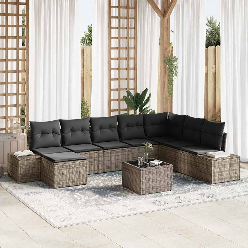Havesofa Sæt med pude 9 pcs Lysegrå polyrattan