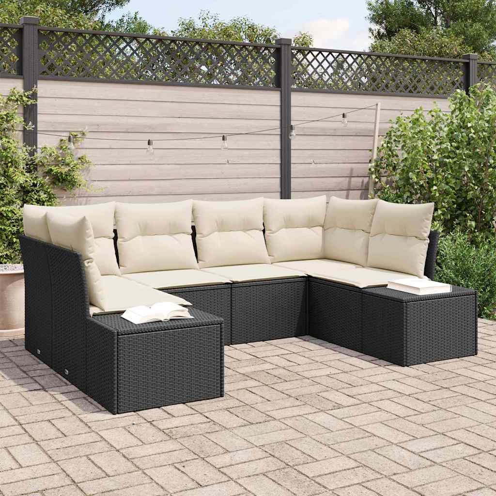 Havesofa Sæt med pude 6 pcs Sort polyrattan