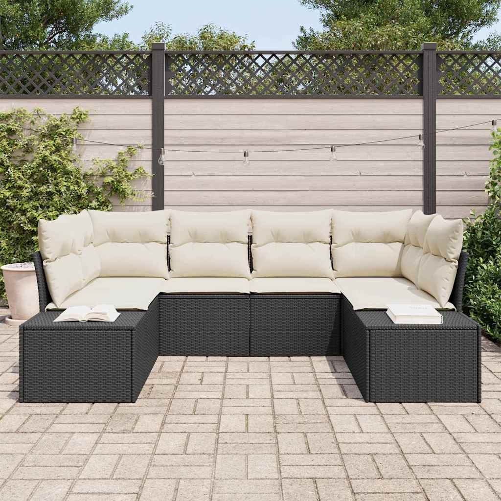 Havesofa Sæt med pude 6 pcs Sort polyrattan