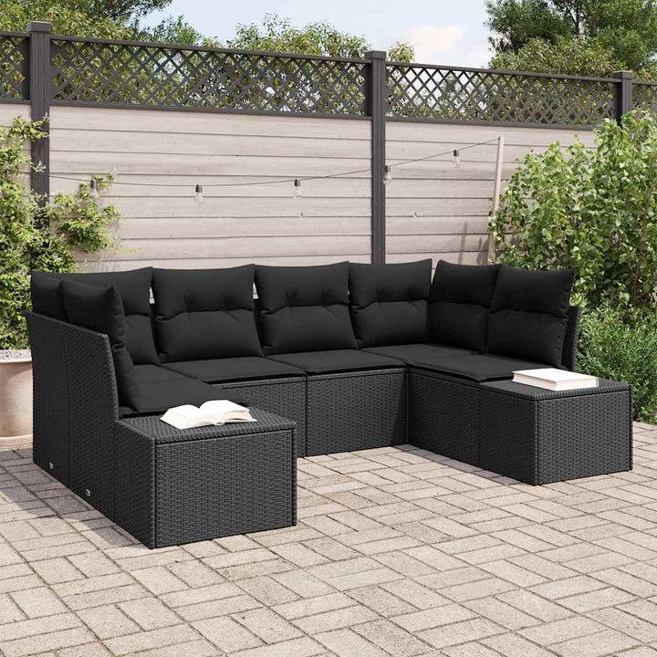 Havesofa Sæt med pude 6 pcs Sort polyrattan