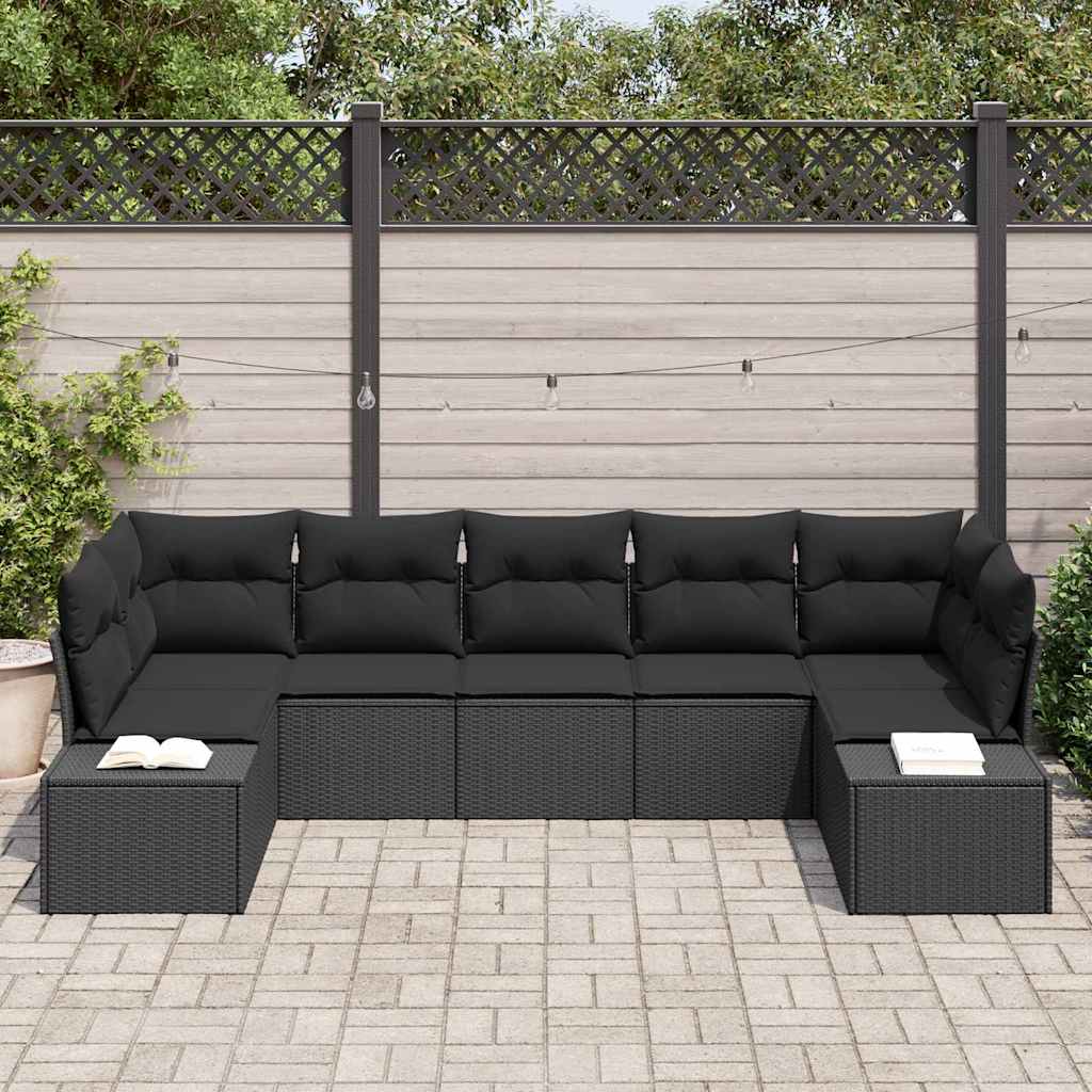 Havesofa Sæt med pude 7 pcs Sort polyrattan