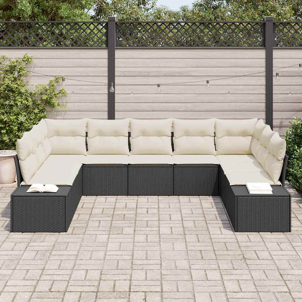 Havesofa Sæt med pude 9 pcs Sort polyrattan