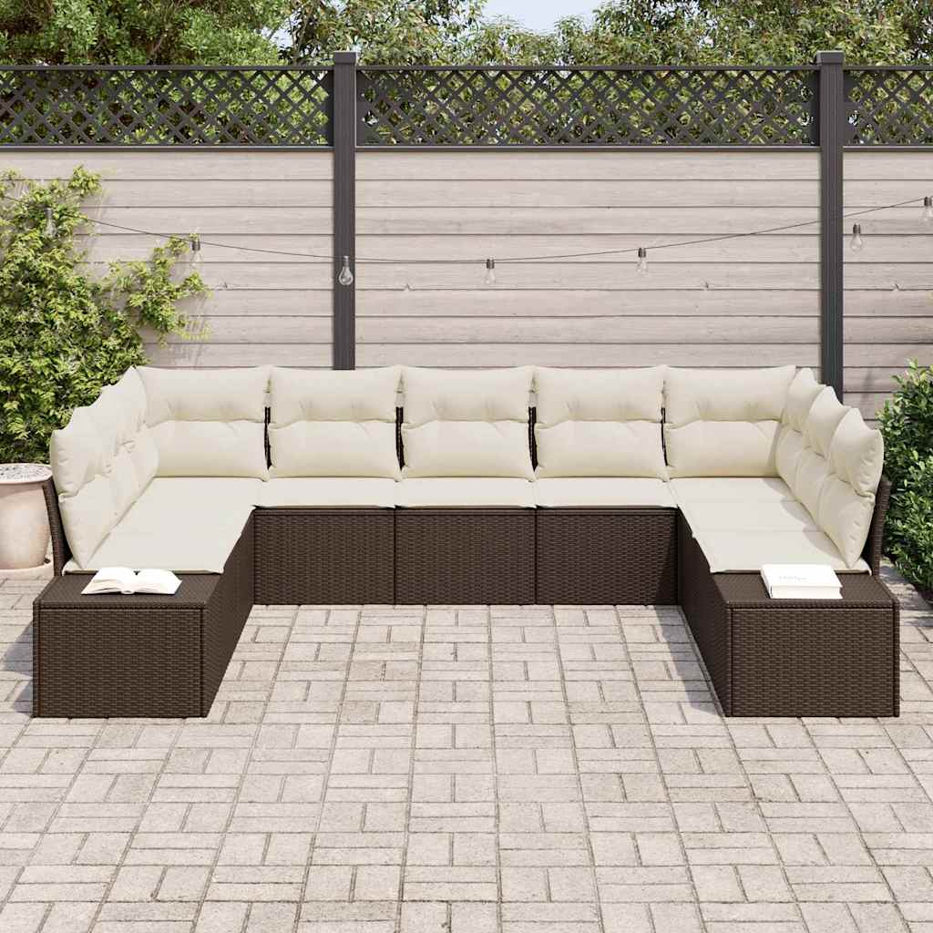 Havesofa Sæt med pude 9 pcs Brun polyrattan