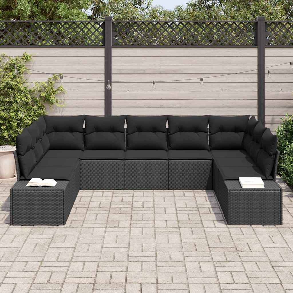 Havesofa Sæt med pude 9 pcs Sort polyrattan