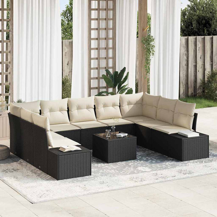 Havesofa Sæt med pude 10 pcs Sort polyrattan