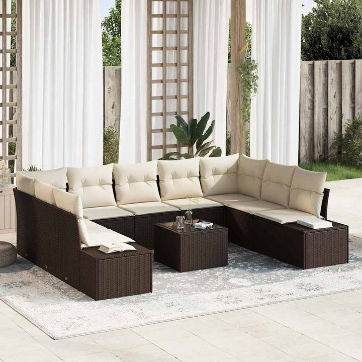 Havesofa Sæt med pude 10 pcs Brun polyrattan