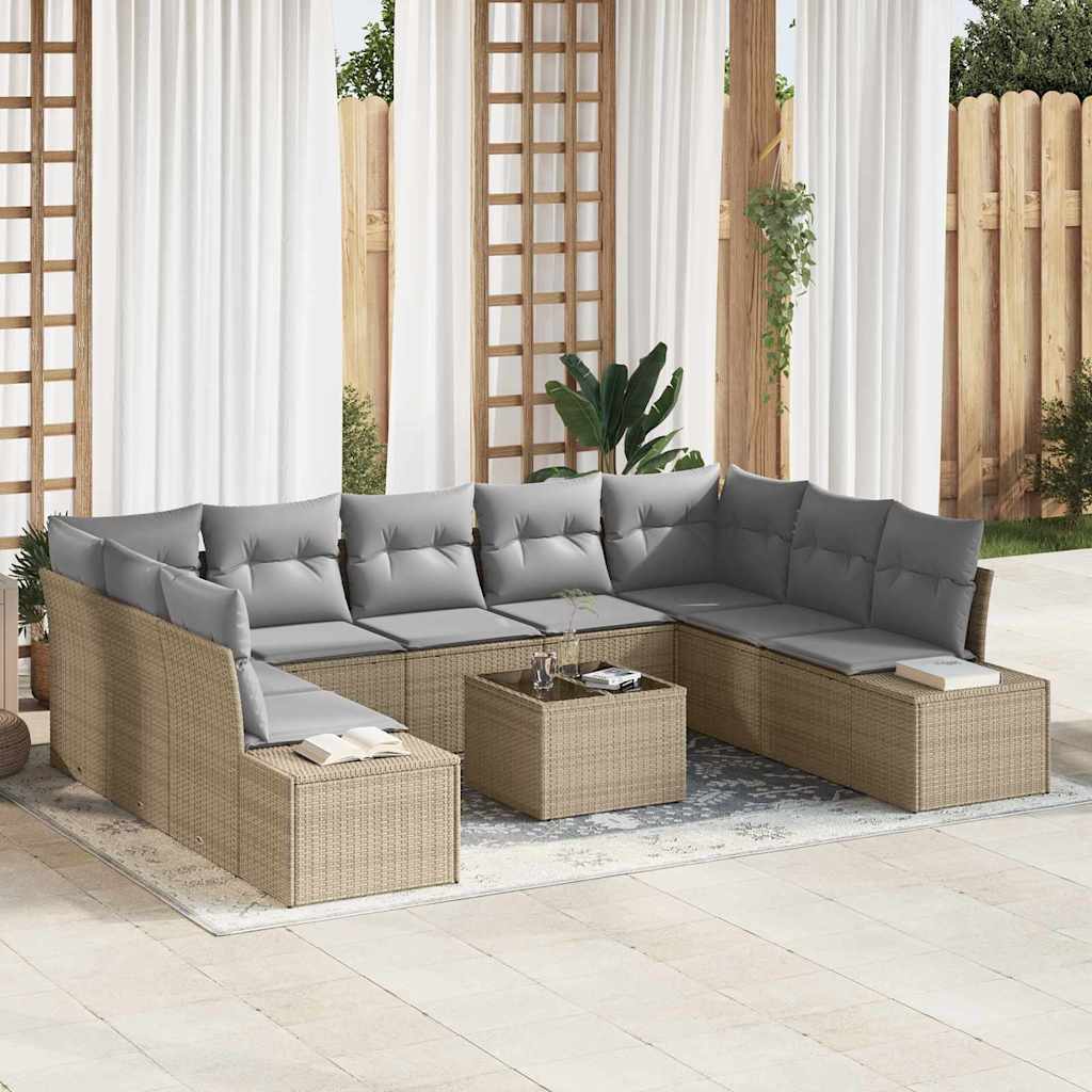 Havesofa Sæt med pude 10 pcs Beige polyrattan