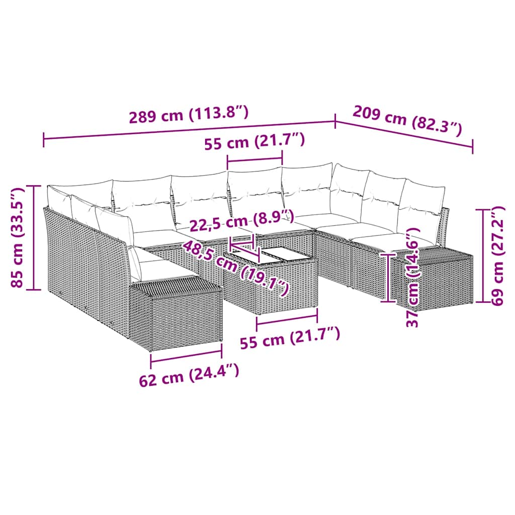 Havesofa Sæt med pude 10 pcs Beige polyrattan