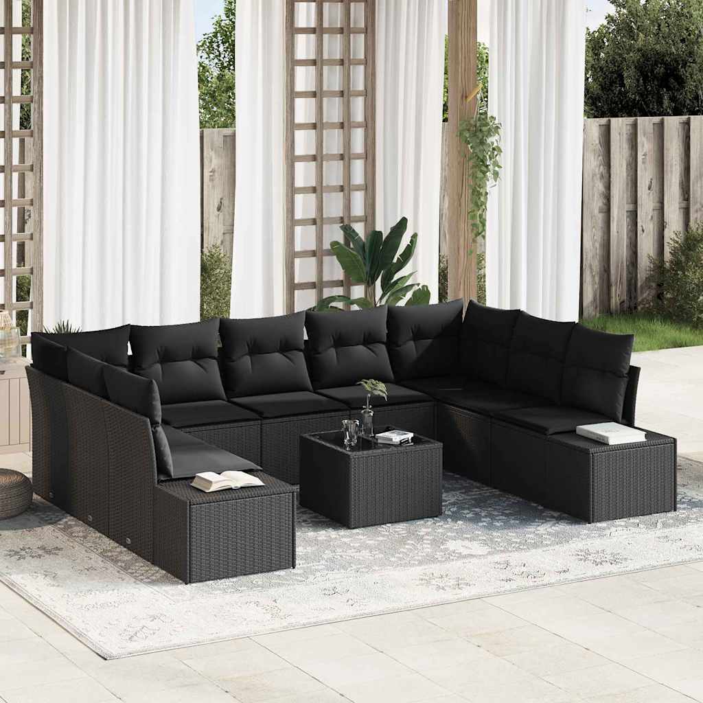 Havesofa Sæt med pude 10 pcs Sort polyrattan