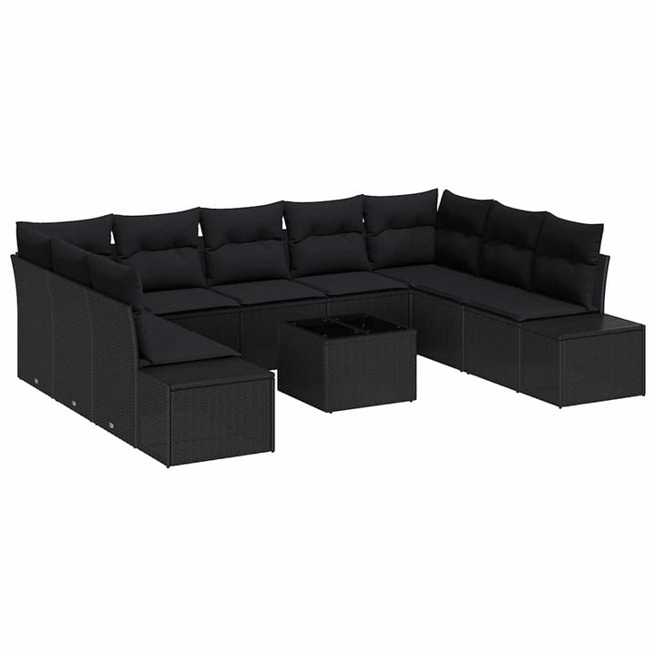 Havesofa Sæt med pude 10 pcs Sort polyrattan