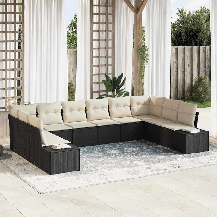 Havesofa Sæt med pude 10 pcs Sort polyrattan