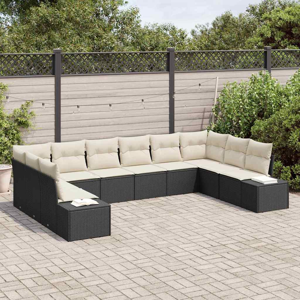 Havesofa Sæt med pude 10 pcs Sort polyrattan