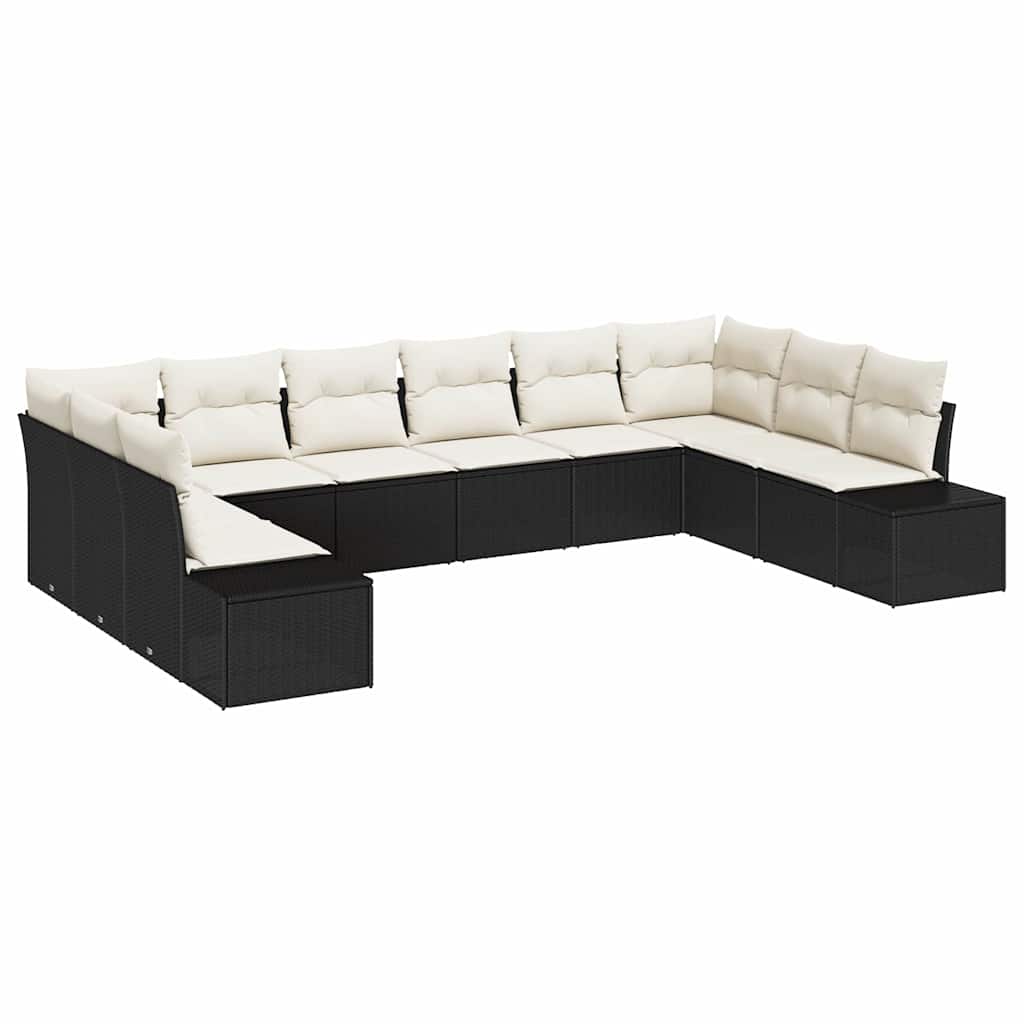 Havesofa Sæt med pude 10 pcs Sort polyrattan