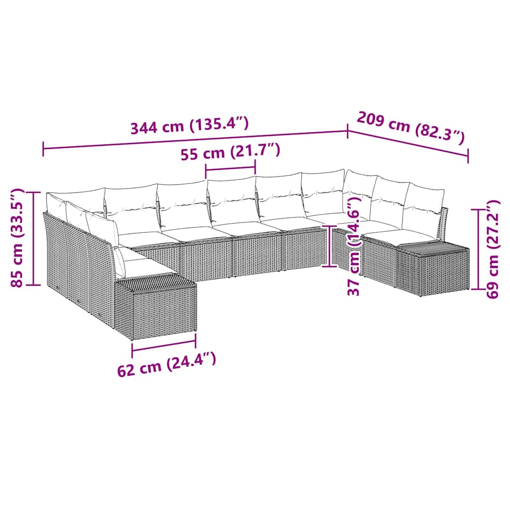 Havesofa Sæt med pude 10 pcs Sort polyrattan