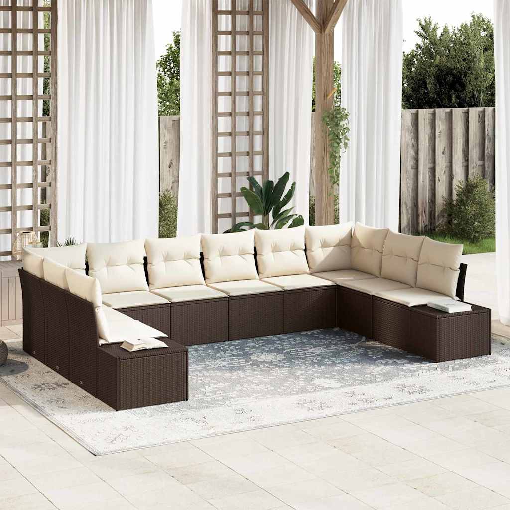 Havesofa Sæt med pude 10 pcs Brun polyrattan
