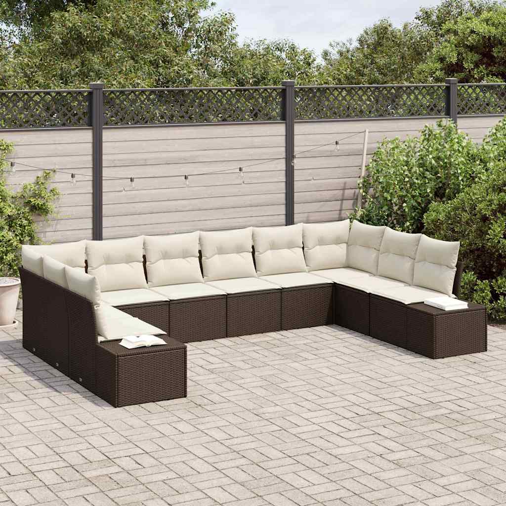 Havesofa Sæt med pude 10 pcs Brun polyrattan