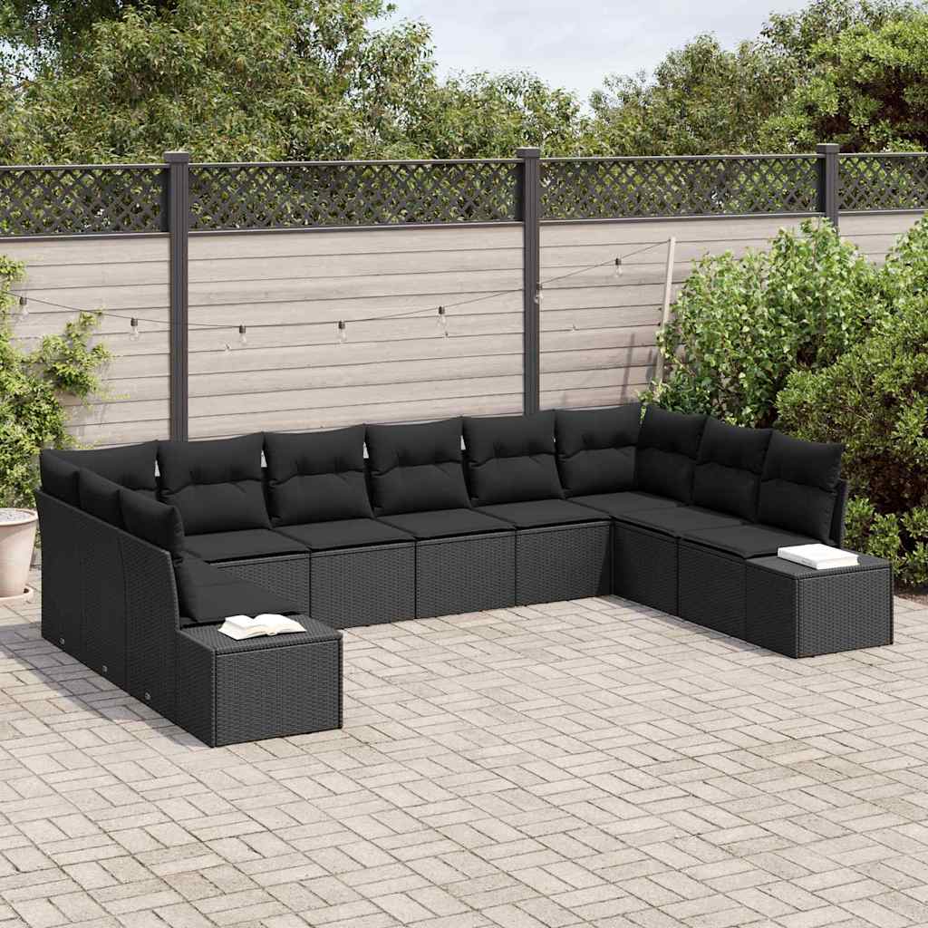 Havesofa Sæt med pude 10 pcs Sort polyrattan
